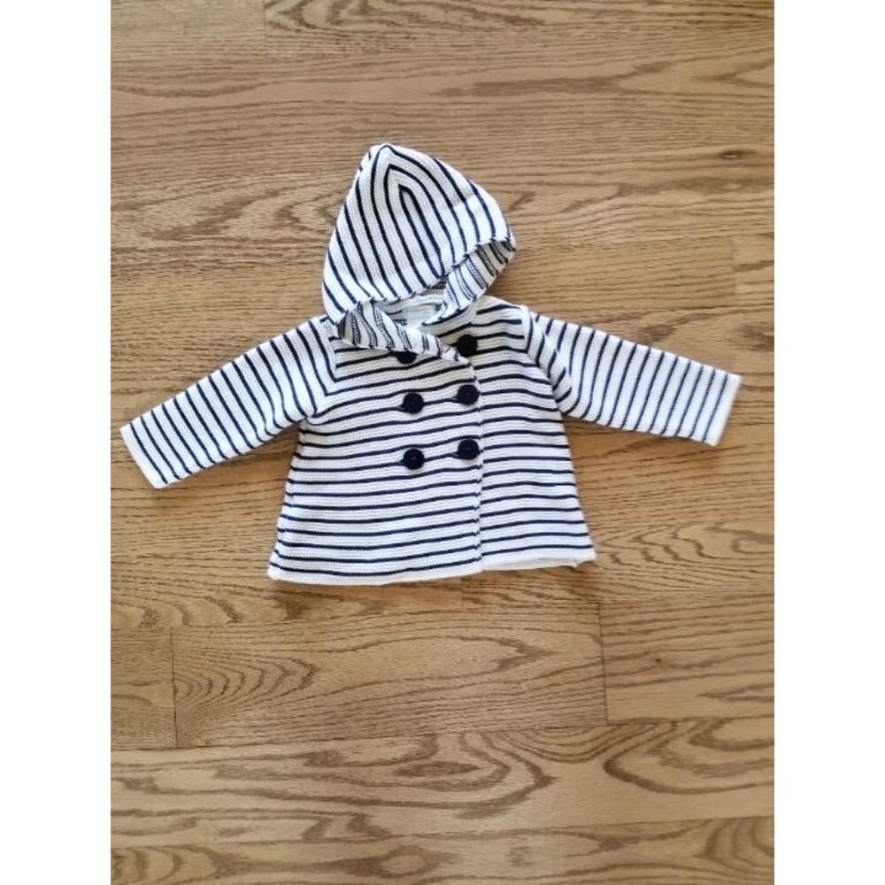 First Impressions 12M Play Striped Hooded Cardigan Navy/White Nautical EUC